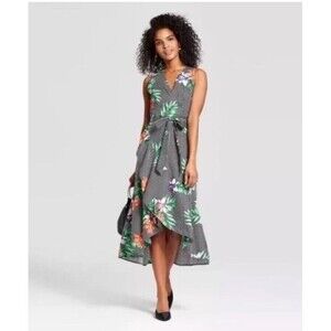 WHO WHAT WEAR Cotton STRIPE Tropical FLORAL Print WRAP RUFFLE MIDI Dress S